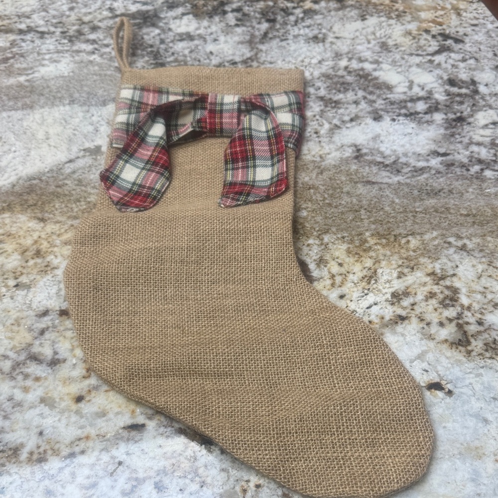 Classic Burlap Christmas Stocking with Plaid Accent Bow